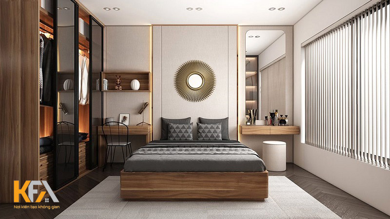 Phòng ngủ master thiết kế tủ gỗ kết hợp kính cửa lùa hiện đại