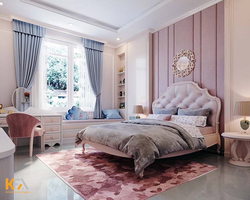 Mẫu phòng ngủ ấm áp, sang trọng theo phong cách tân cổ điển với tone hồng ấn tượng