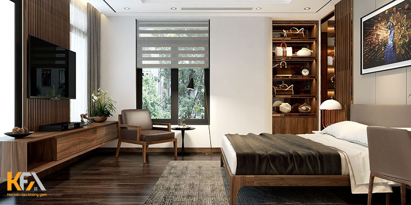 Thiết kế phòng ngủ master 30m2 hiện đại sử dụng nội thất gỗ óc chó cao cấp