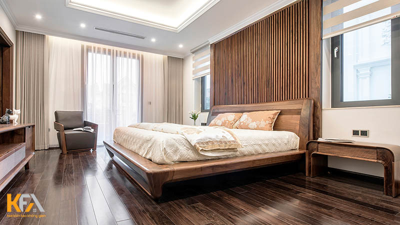 Thiết kế phòng ngủ master hiện đại 40m2 sử dụng nội thất gỗ óc chó