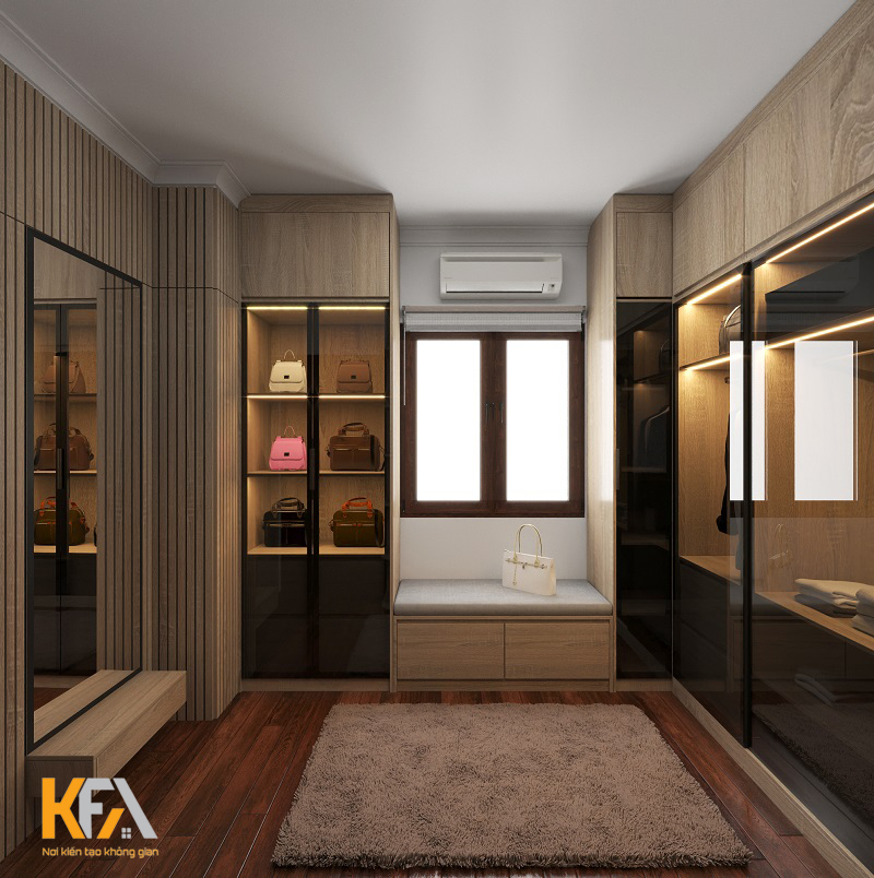 Phòng thay đồ sang trọng với nội thất bằng gỗ kết hợp kính