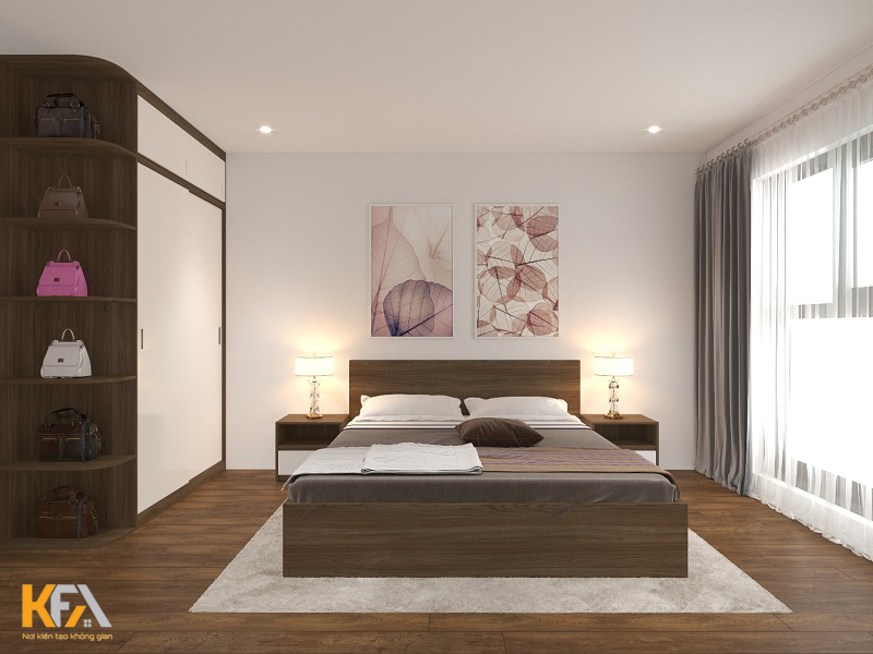 Phòng ngủ nhẹ nhàng, thư giãn với tone hồng pastel và nâu trầm của nội thất gỗ