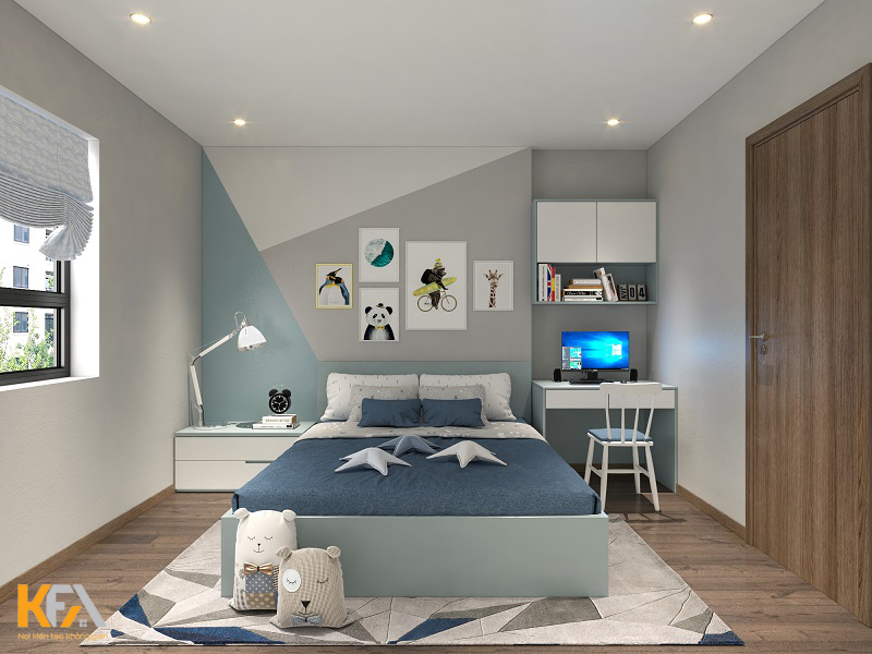 Căn phòng ngủ bé trai 11 tuổi với gam màu trắng kết hợp xanh pastel