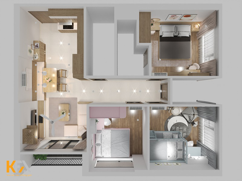 Mẫu thiết kế nội thất chung cư 70m2 2 phòng ngủ hiện đại KKNT026