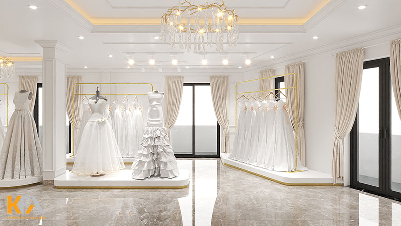 Thiết kế khu vực trưng bày thoáng rộng với váy cưới được trưng bày tinh tế, có chọn lọc 