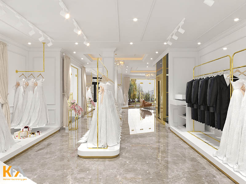 Kệ trưng bày váy cưới được thiết kế đối xứng trang trọng, thanh lịch