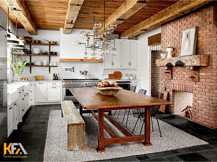 Mẫu thiết kế phòng bếp phong cách Farmhouse dùng gam trắng - nâu của gỗ để làm màu chủ đạo