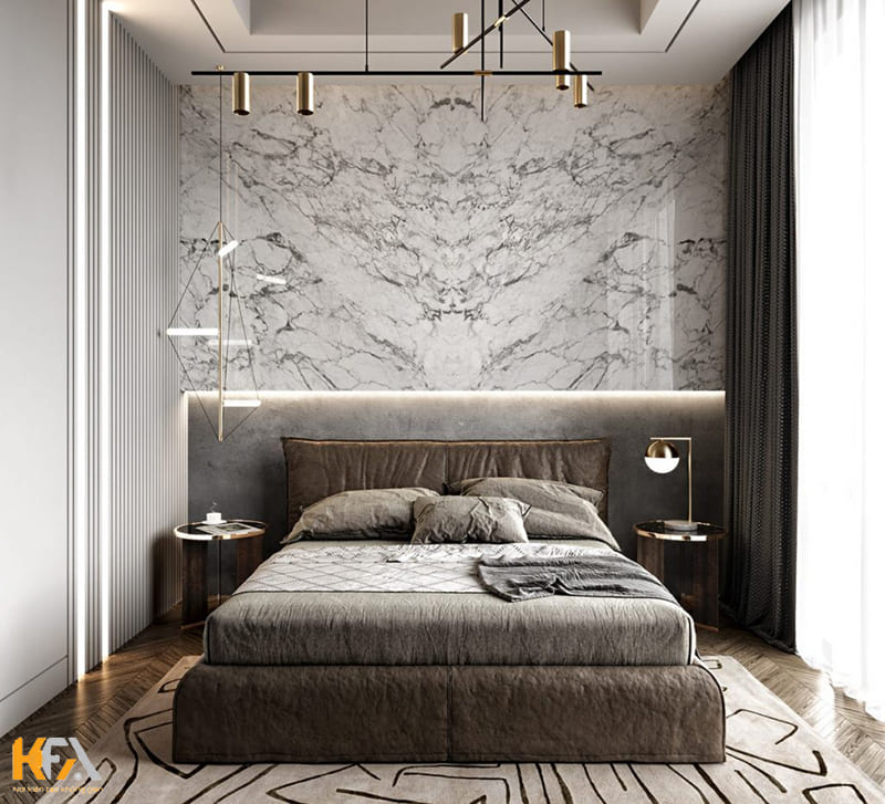 Điểm nhấn của phòng ngủ 7m2 đến từ các thiết kế kim loại ánh vàng của đèn hiện đại