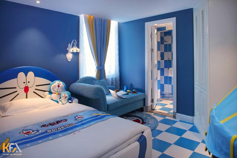 Phòng ngủ doremon đẹp với gạch lát nền họa tiết caro