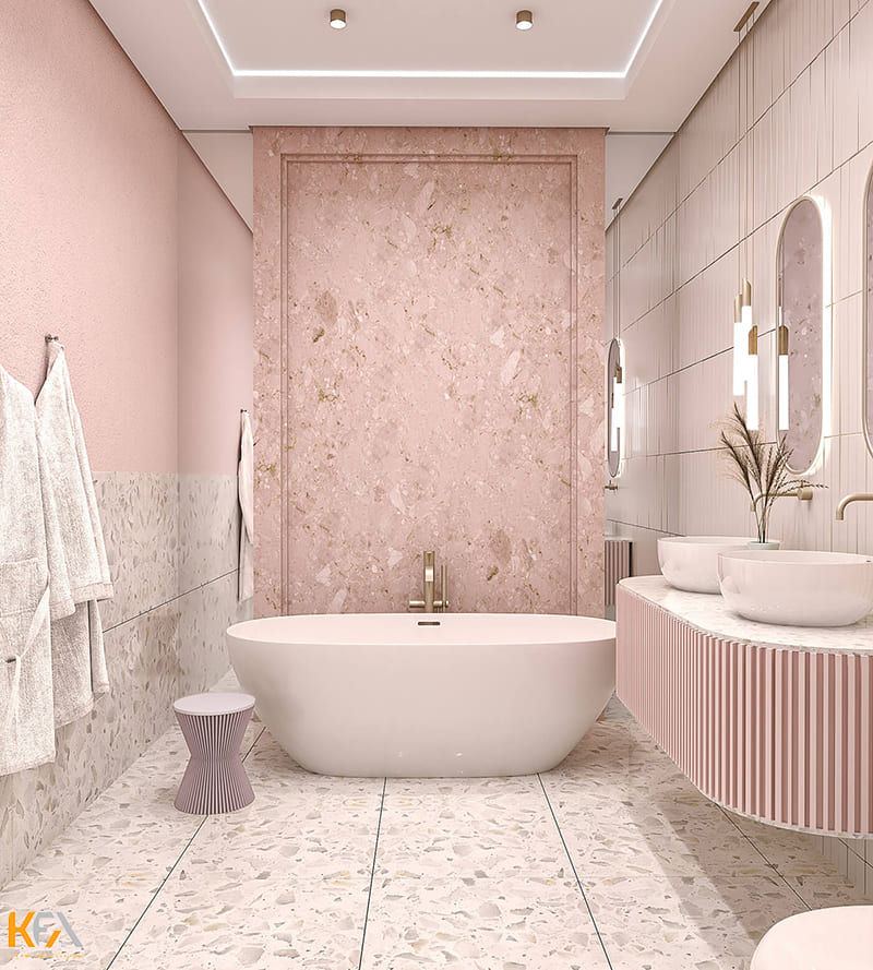 Phòng tắm màu hồng trắng nhẹ nhàng cho các bạn nữ 