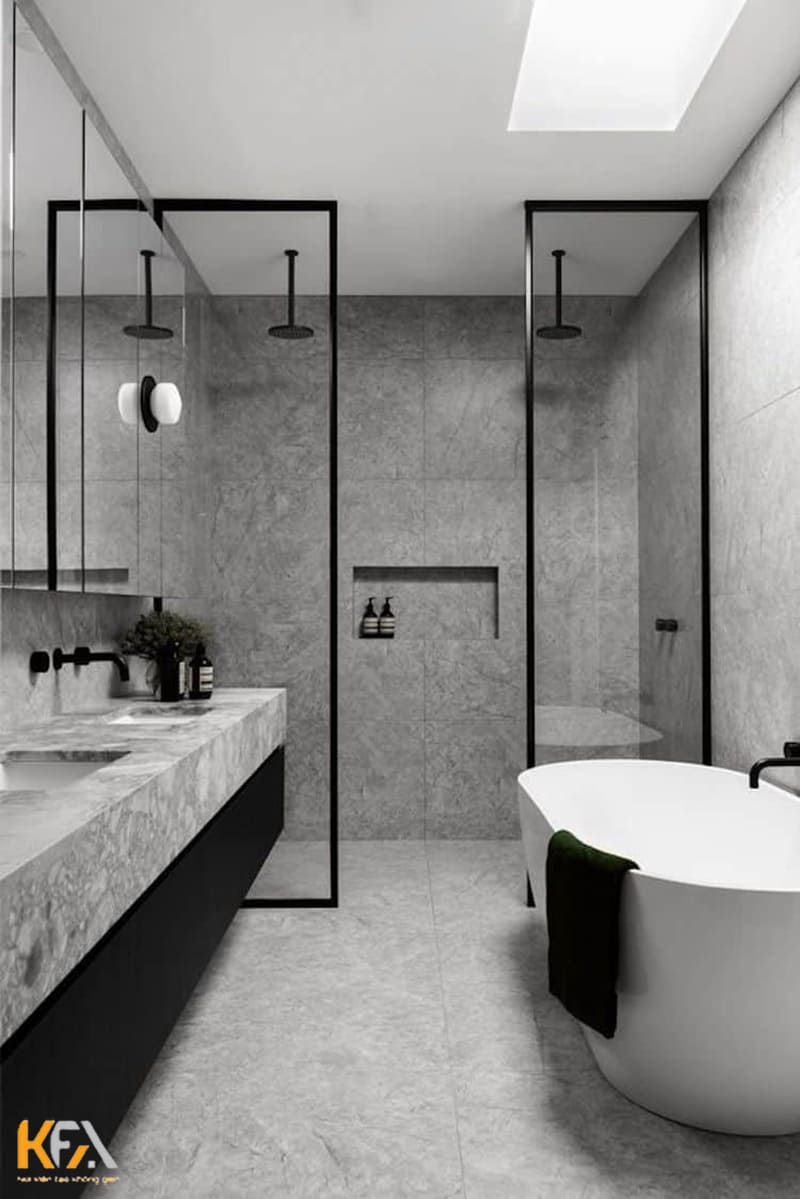Thiết kế phòng tắm 6m2 gam màu trắng - xám mang đến một vẻ đẹp thanh lịch, tinh tế mà không kém phần sang trọng, hiện đại.