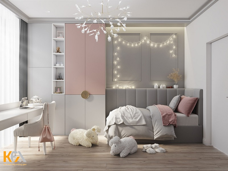 Phòng ngủ cho bé gái cá tính với gam màu xám - hồng - trắng