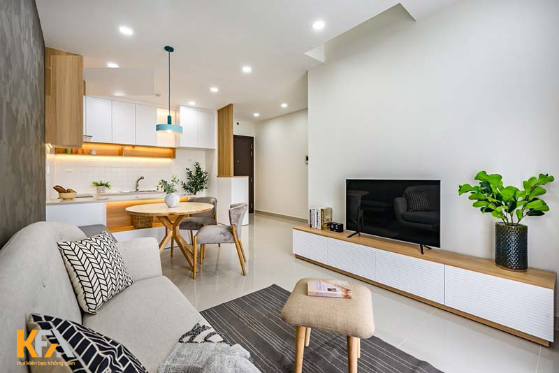 Không gian được tối ưu diện tích bằng cách thiết kế phòng khách liền bếp