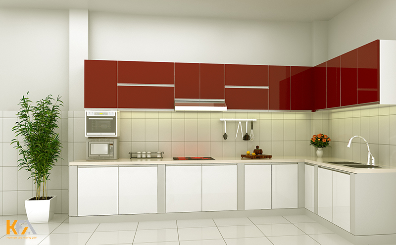 Kết hợp màu trắng và màu đỏ cho tủ bếp trên và dưới