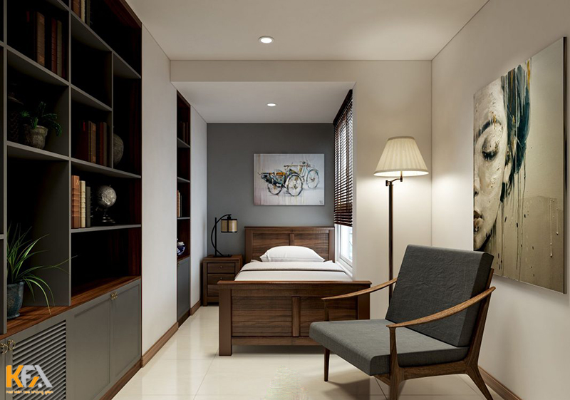 Một căn phòng ngủ thiết kế đơn giản, màu sắc trung tính nhẹ nhàng