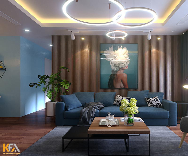 Khu vực phòng khách với thiết kế màu xanh pastel ấn tượng