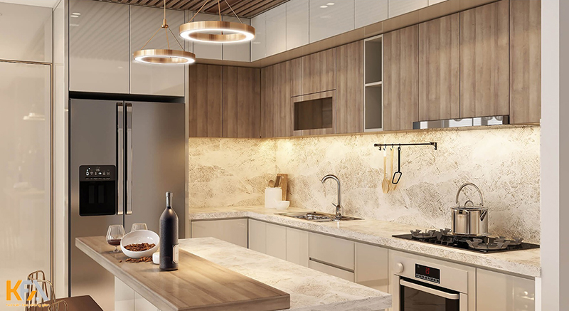 Thiết kế nội thất phòng bếp hiện đại tone màu gỗ