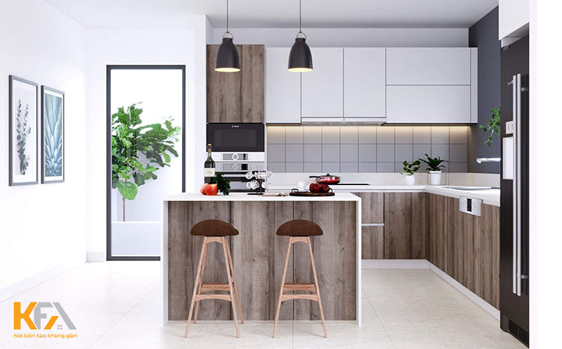 Phòng bếp với bàn ăn thiết kế liền mạch với bàn bếp,, giúp tối đa không gian.