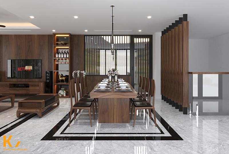 Phòng ăn thiết kế hiện đại với nội thất gỗ óc chó