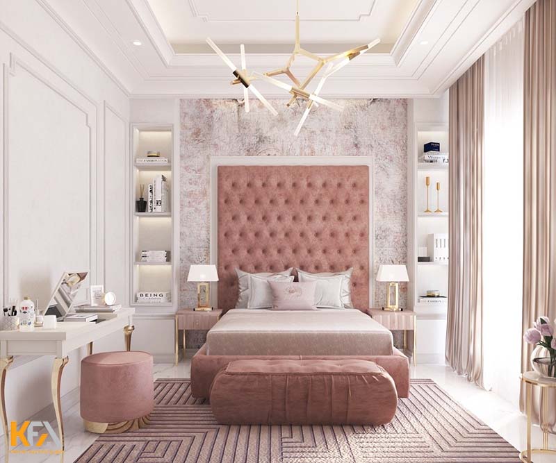 Thiết kế phòng ngủ đẹp cho nữ màu hồng sang trọng, cầu kỳ cần nhiều chi phí hơn