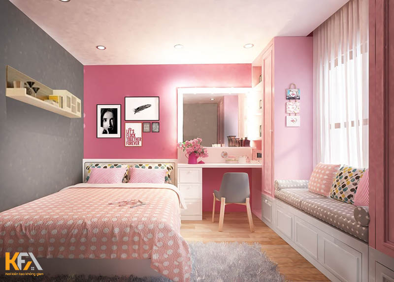 Thiết kế nội thất phòng ngủ nữ đẹp màu hồng với background cùng tone