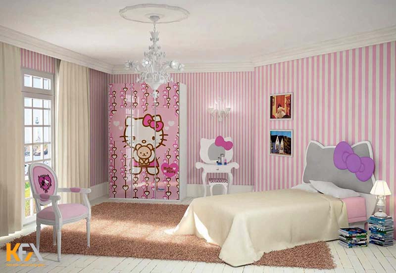 Thiết kế phòng ngủ cho bé gái với nhiều họa tiết Hello Kitty màu hồng
