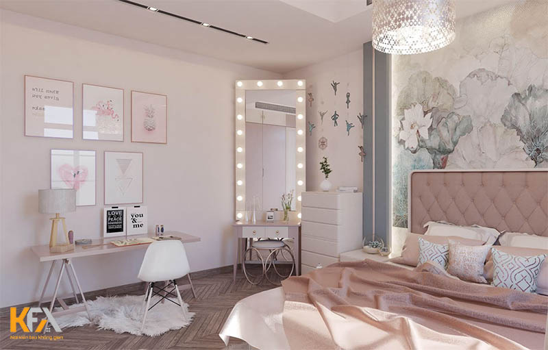 Thiết kế nội thất phòng ngủ đẹp cho nữ màu hồng