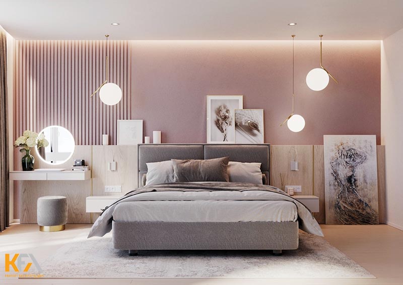 Màu hồng được sử dụng cho nền, màu xám được sử dụng cho chiếc giường đặt giữa phòng