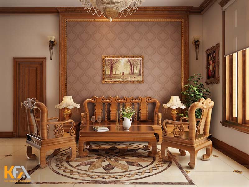 Phòng khách thiết kế theo phong cách tân cổ điển với bộ bàn ghế có họa tiết cầu kì, sang trọng