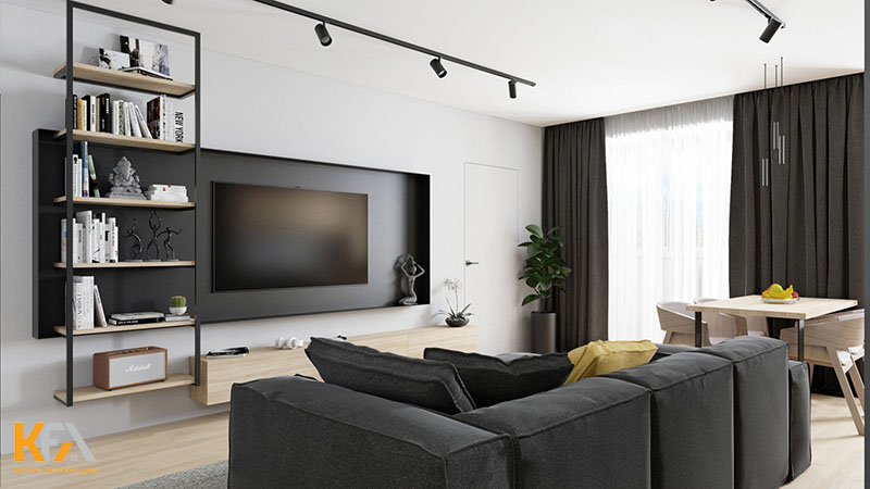 Thiết kế phòng khách nhà ống 3m2 hiện đại với tone đen trắng kết hợp
