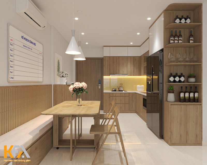Phòng bếp sử dụng nội thất gỗ ấm áp, chắc chắn và sử dụng các đồ nội thất đa năng