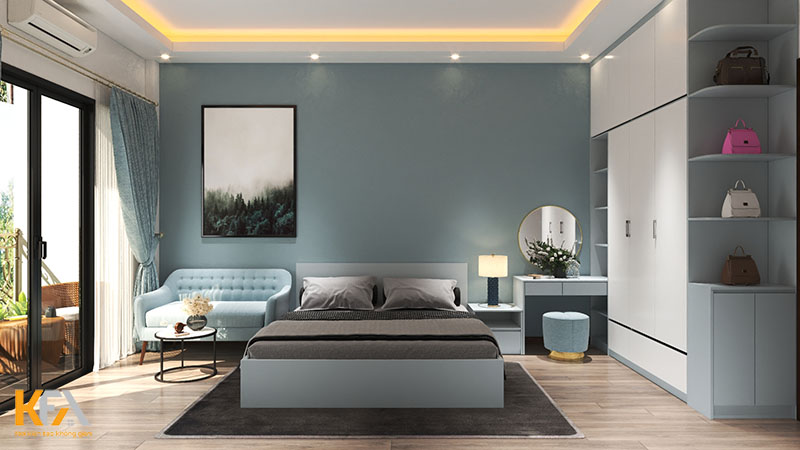 Thi công nội thất phòng ngủ thứ 3 đơn giản với tone xanh tinh tế, thoải mái