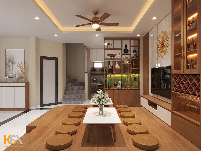 Vách ngăn gỗ chia tách không gian phòng khách với phòng bếp một cách tinh tế