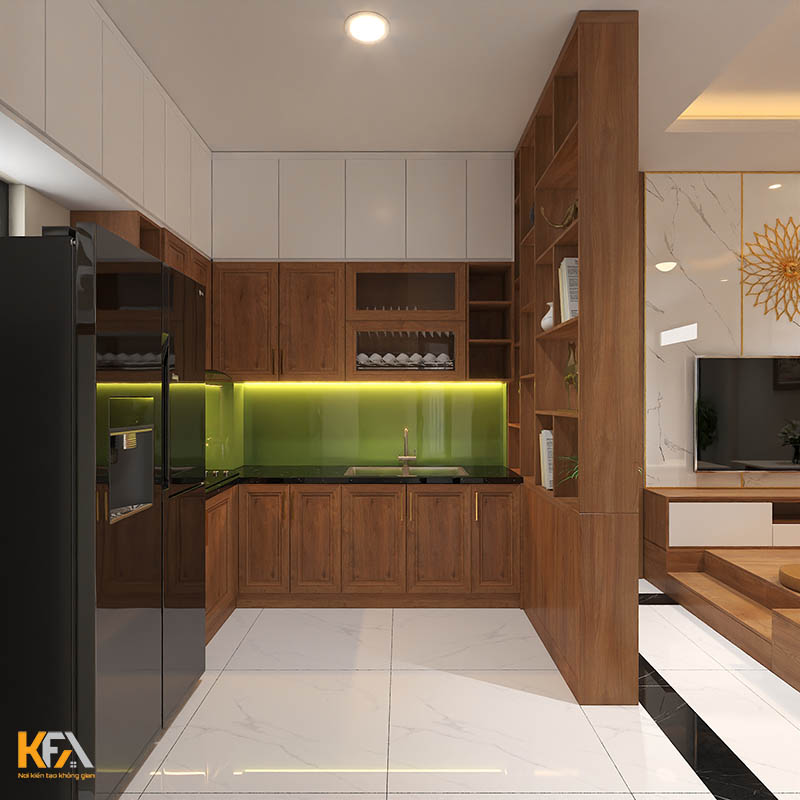 Thi công phòng bếp nhỏ gọn, tiện nghi với nội thất gỗ cao cấp, ấm áp