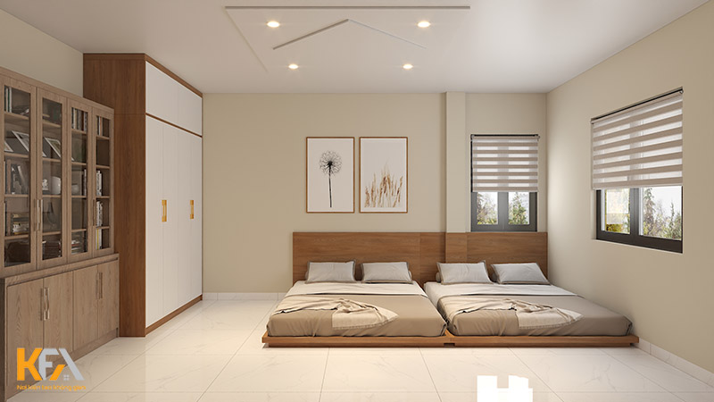 Thi công phòng ngủ master với hai giường đôi bệt dưới đất, đặc trưng của phong cách Nhật Bản