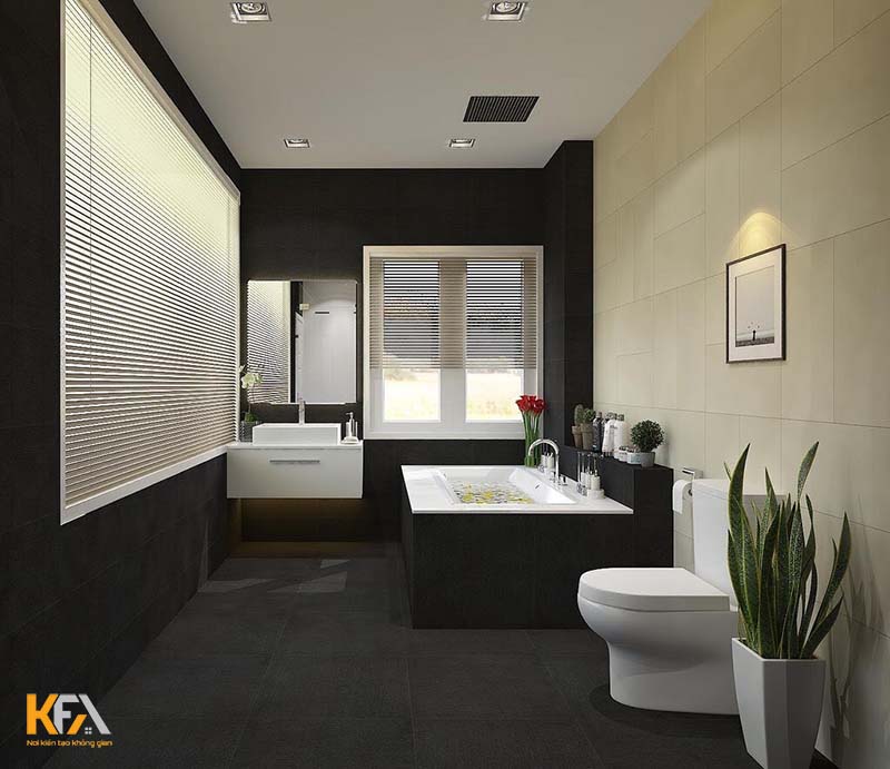 Thiết kế nội thất phòng tắm theo phong cách hiện đại với màu trắng đen đặc trưng
