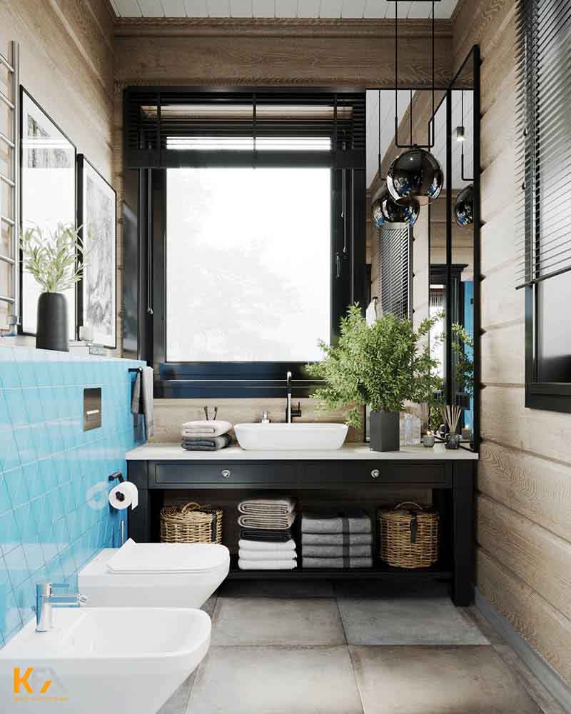 Phòng tắm nhỏ gọn nhưng vô cùng ấm tượng với sự phối màu độc đáo