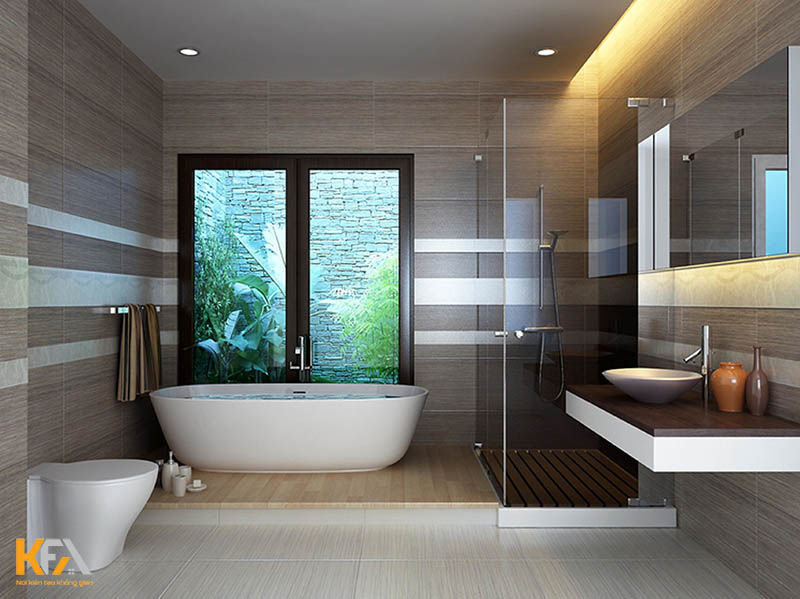 Phòng tắm tiện nghi, sang trọng, hiện đại với bồn tắm ngay cạnh cửa sổ