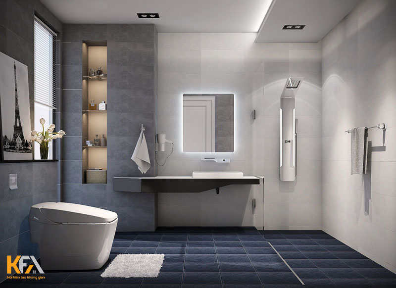 Phòng tắm hiện đại sử dụng tone màu xanh và trắng làm chủ đạo