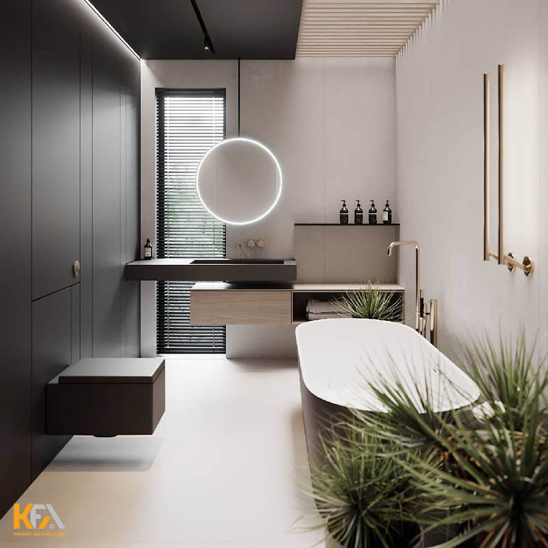Thiết kế phòng tắm đơn giản với phòng tắm và cây xanh