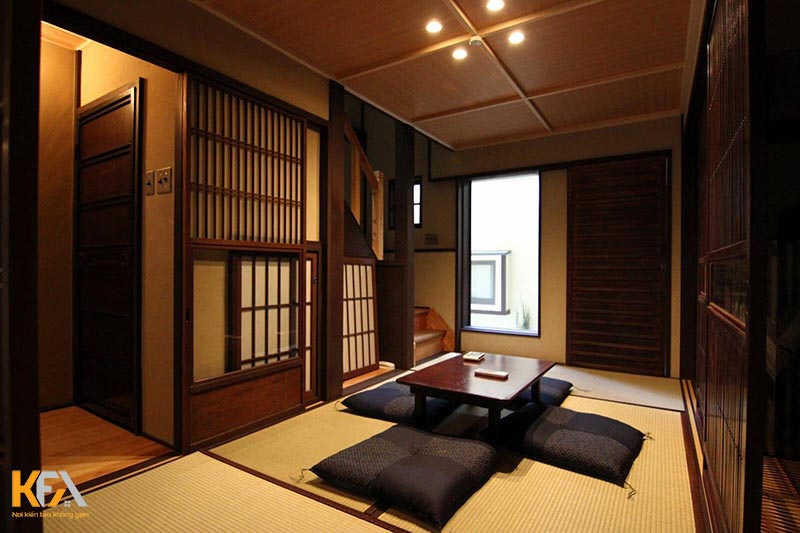 Thi công phòng khách theo phong cách Nhật Bản với tone nâu trầm