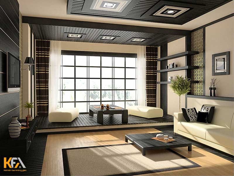 Thiết kế phòng khách kiểu Nhật với bàn trà thấp cạnh ngay cửa sổ lớn