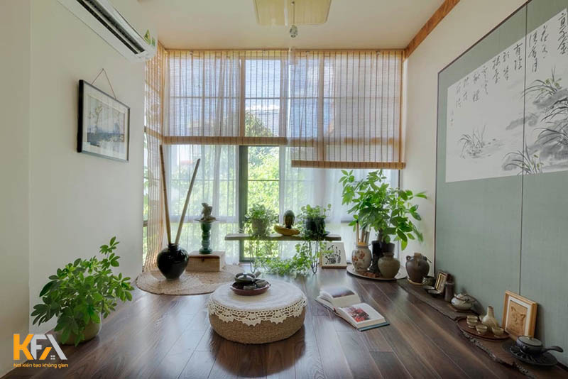 Phòng khách kiểu Nhật trang trí rất nhiều cây xanh tươi mát