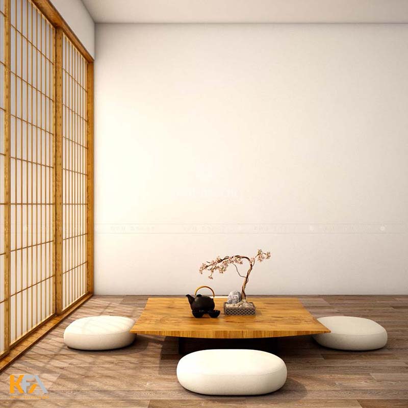 Cửa trượt bằng gỗ tạo sự đồng bộ trong thiết kế nội thất phòng khách kiểu Nhật