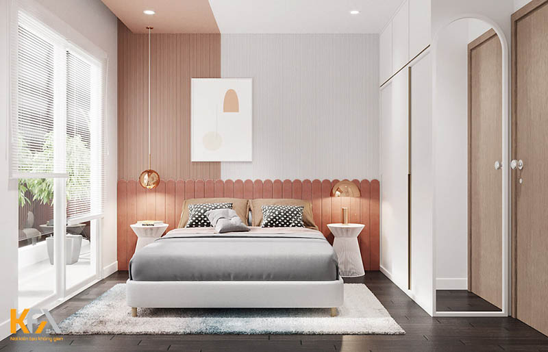 Phòng ngủ lãng mạn, trẻ trung với những mảng tường cách điệu cùng màu hồng pastel