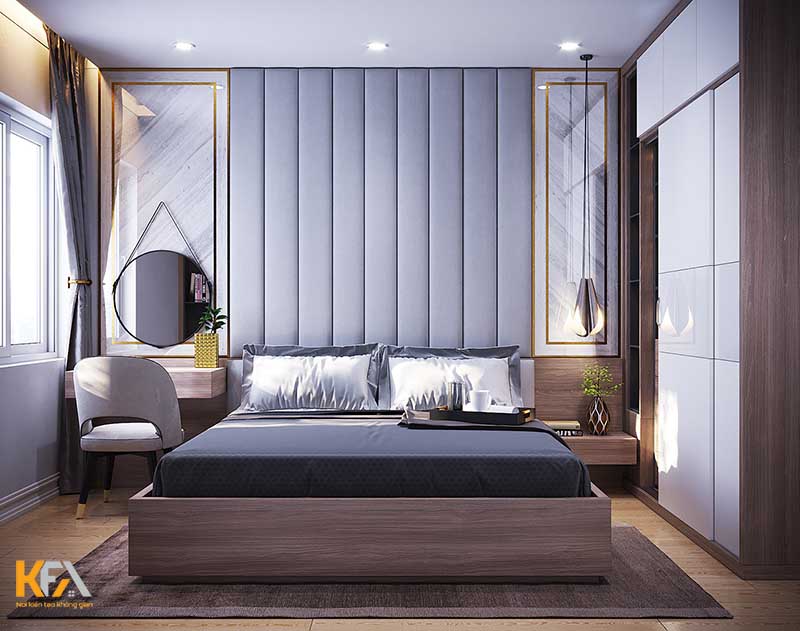 Phòng ngủ hiện đại, đầy đủ tiện nghi cho vợ chồng mới cưới, sử dụng tone xanh tươi mát làm chủ đạo