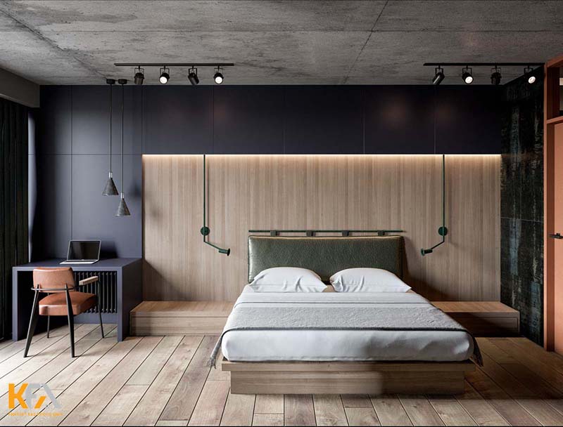 Thiết kế phòng ngủ đơn giản với màu nâu gỗ và đen làm chủ đạo