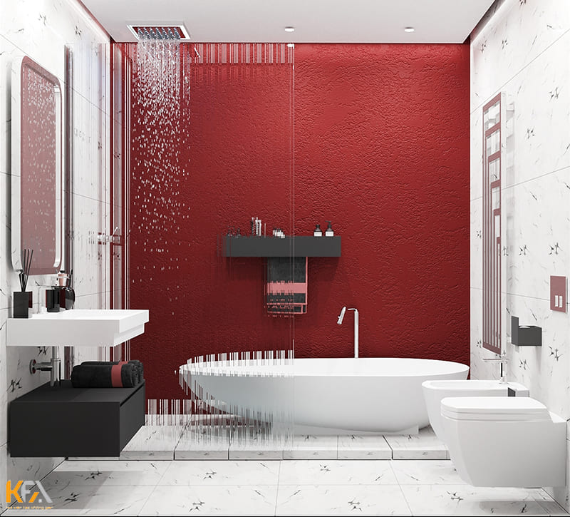Phòng ngủ tone trắng nổi bật nhờ bức tường đỏ và các kệ màu đen