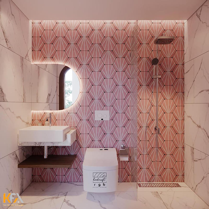Phòng tắm được ốp đá hồng ngọt ngào