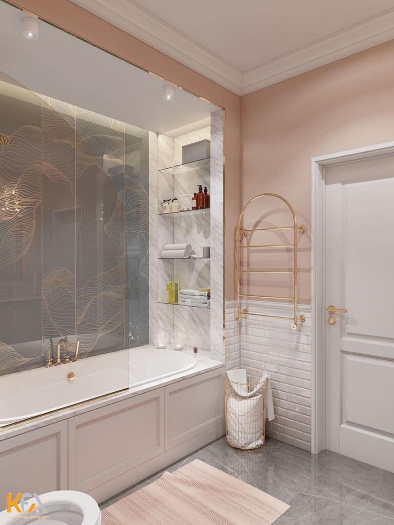 Phòng tắm màu hồng pastel nhẹ nhàng, thanh lịch